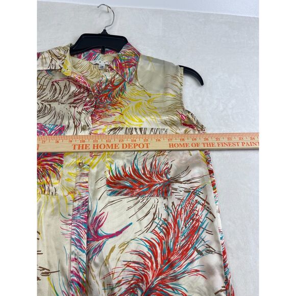 CAbi 100% Silk Sleeveless Blouse XS Feather Print Button Front High Low Hem - Picture 10 of 11